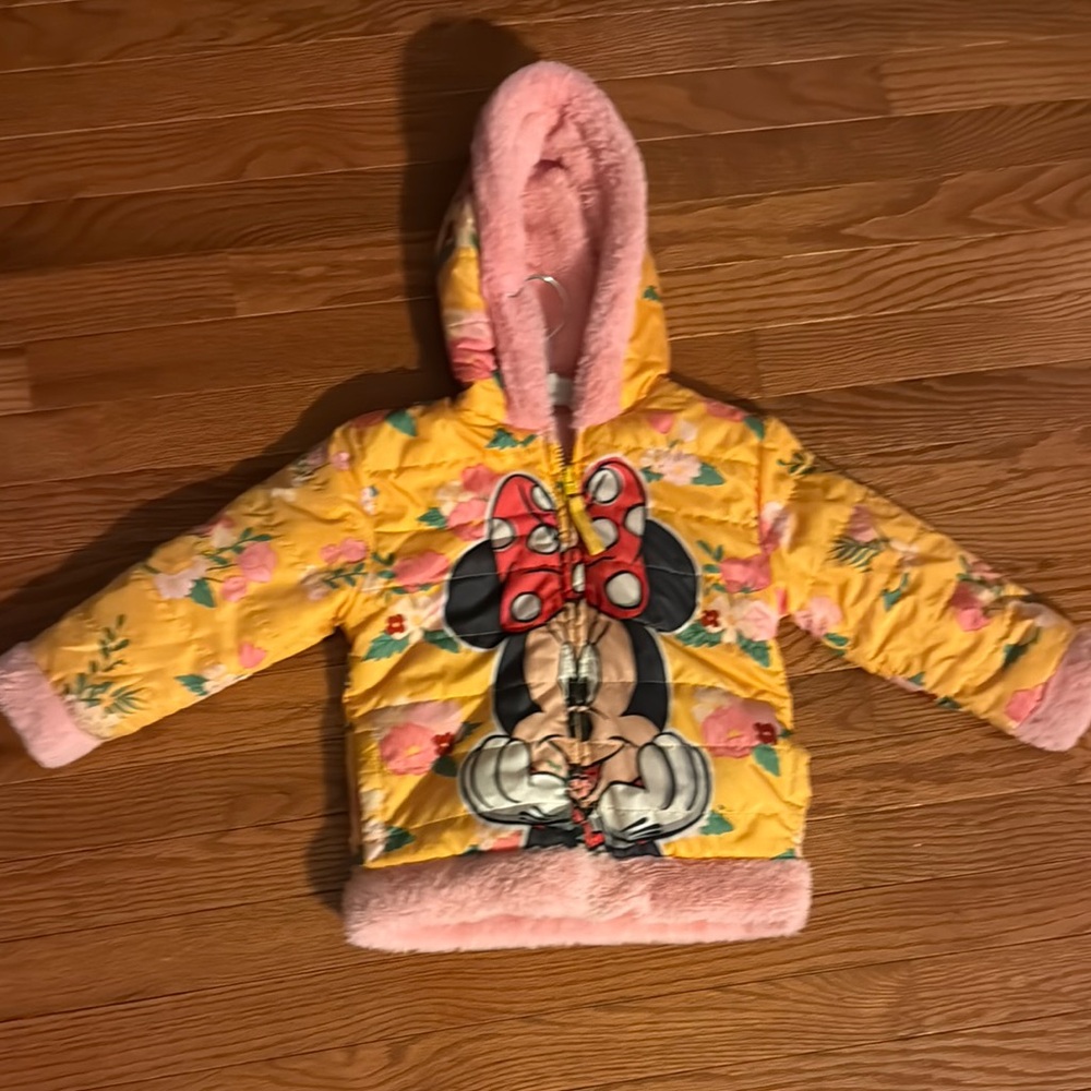 Yellow and Pink Puffer Jacket with Minnie Mouse Design